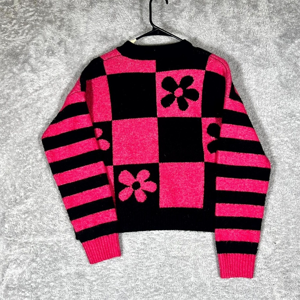 Zara Sweater Womens Small Pink Black Stretch Checkered Long Sleeve Crewneck - Picture 3 of 8